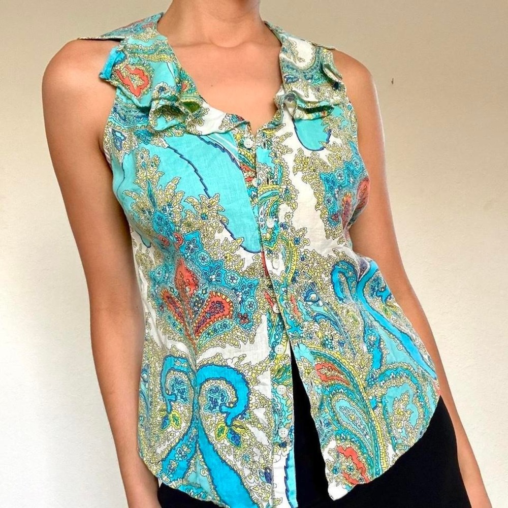 Sunny Leigh Turquoise Paisley Linen Ruffle Blouse